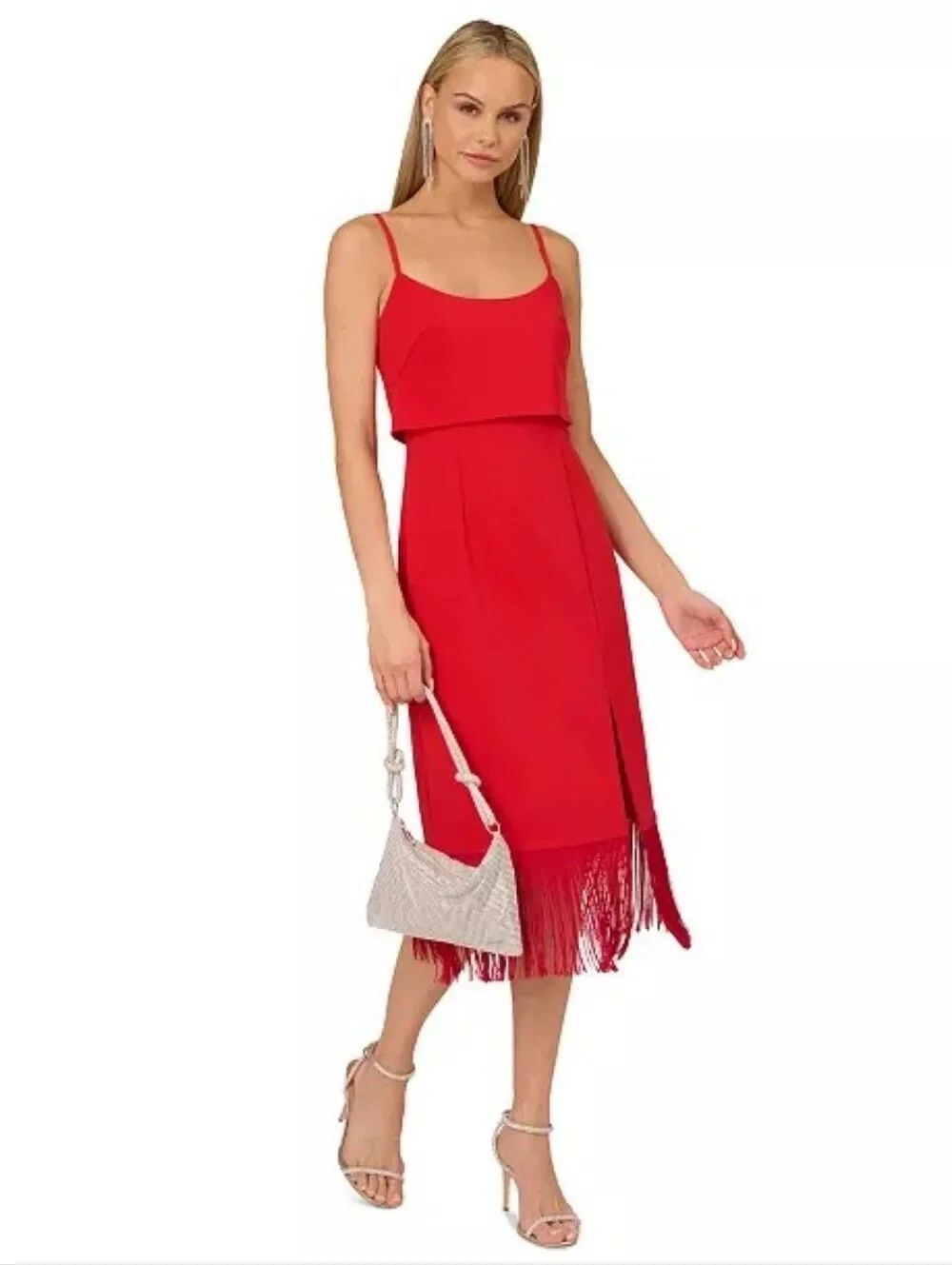NWT Adrianna Papell Red Fringe Hem Midi Dress Size 8